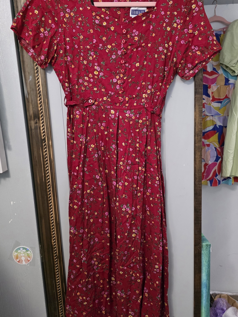 Floral Button-Front Midi Dress in Deep Red